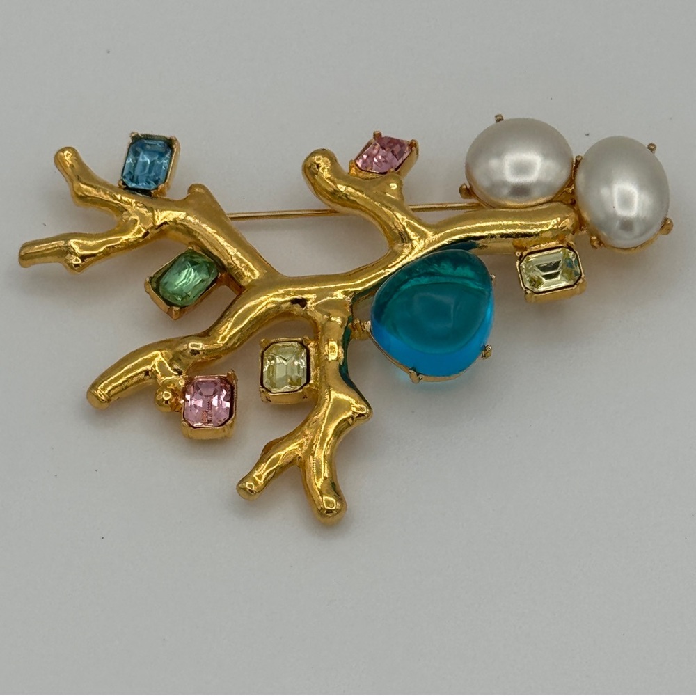 Kenneth Jay Lane Gold Coral Brooch – Aqua Cabochon, Pearls & Pastel Crystals